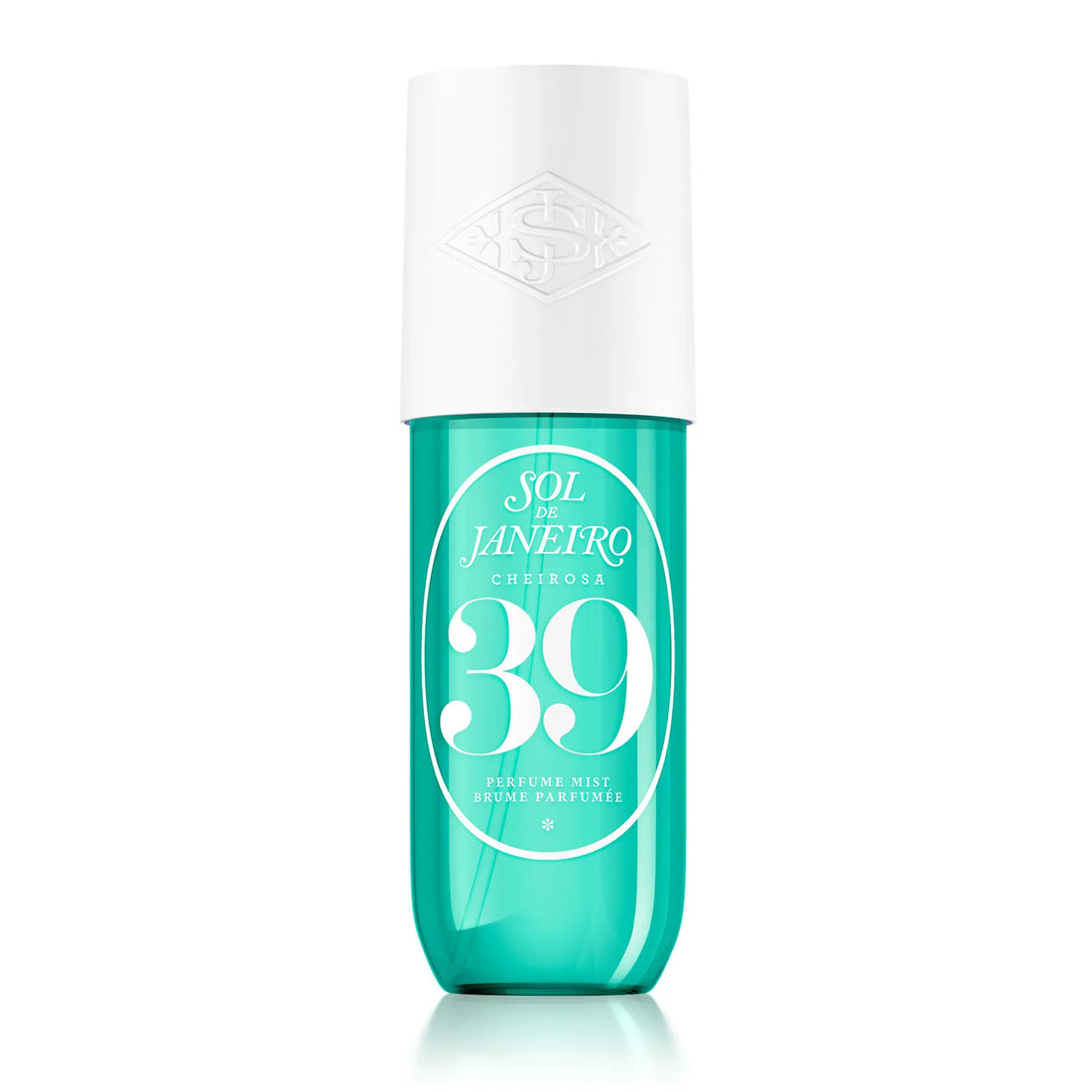 Teal and white bottle of Sol de Janeiro perfume mist on a white background