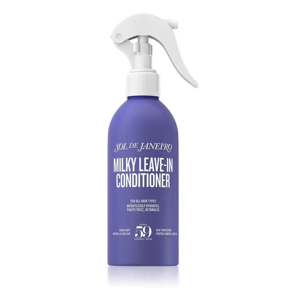 Purple bottle of Sol de Janeiro Milky Leave-In Conditioner with white spray nozzle on a white background