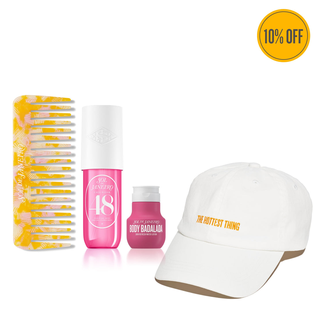 Product set with comb, bottles, and cap on a white background with a 10% off badge.