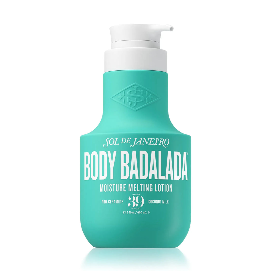 Teal bottle of Sol de Janeiro Body Badalada lotion on a white background 400ml