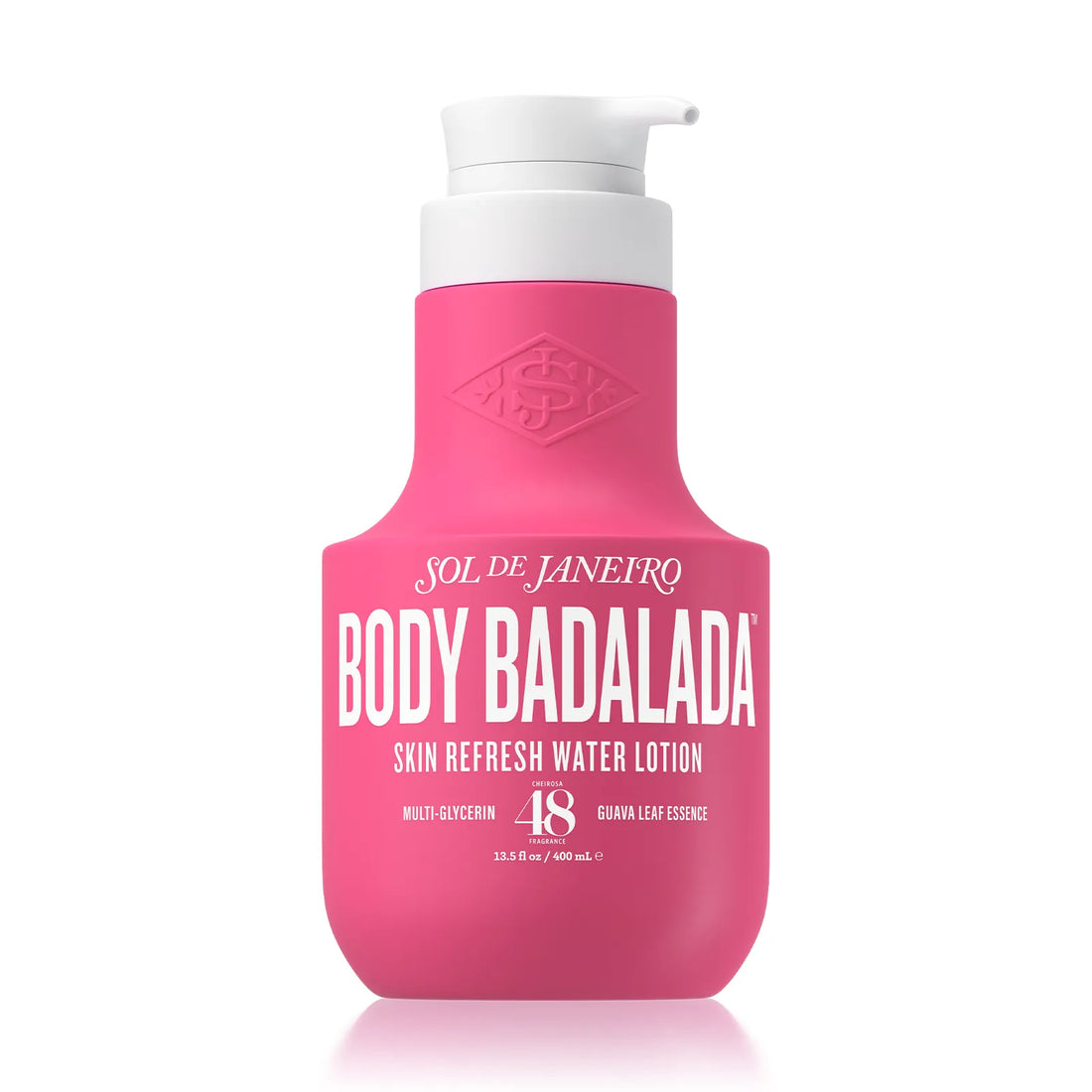 Pink bottle of Sol de Janeiro Body Badalada lotion on a white background 400ml