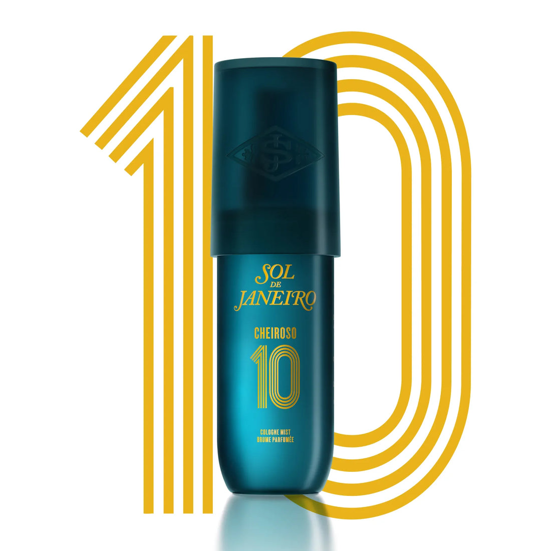 A bottle of Sol e Janeiro Cheiroso 10 perfume oil centered against a white background with a large stylized yellow '10' graphic behind it.