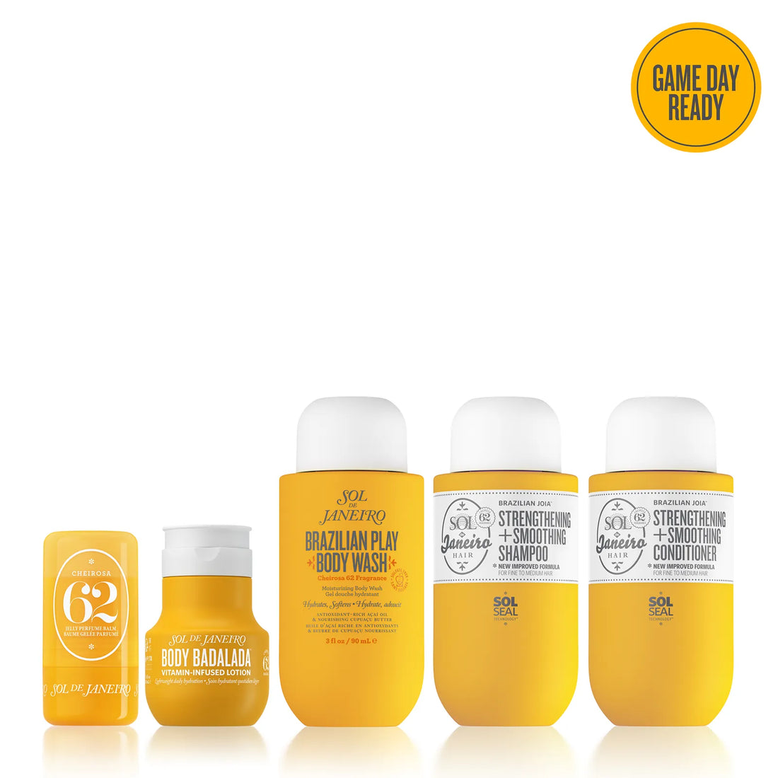 Set of yellow skincare products with white caps on a white background, featuring the brand 'Sulanevra'.