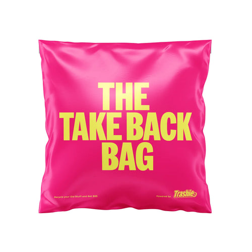 Pink bag with yellow text 'THE TAKE BACK BAG' on a white background